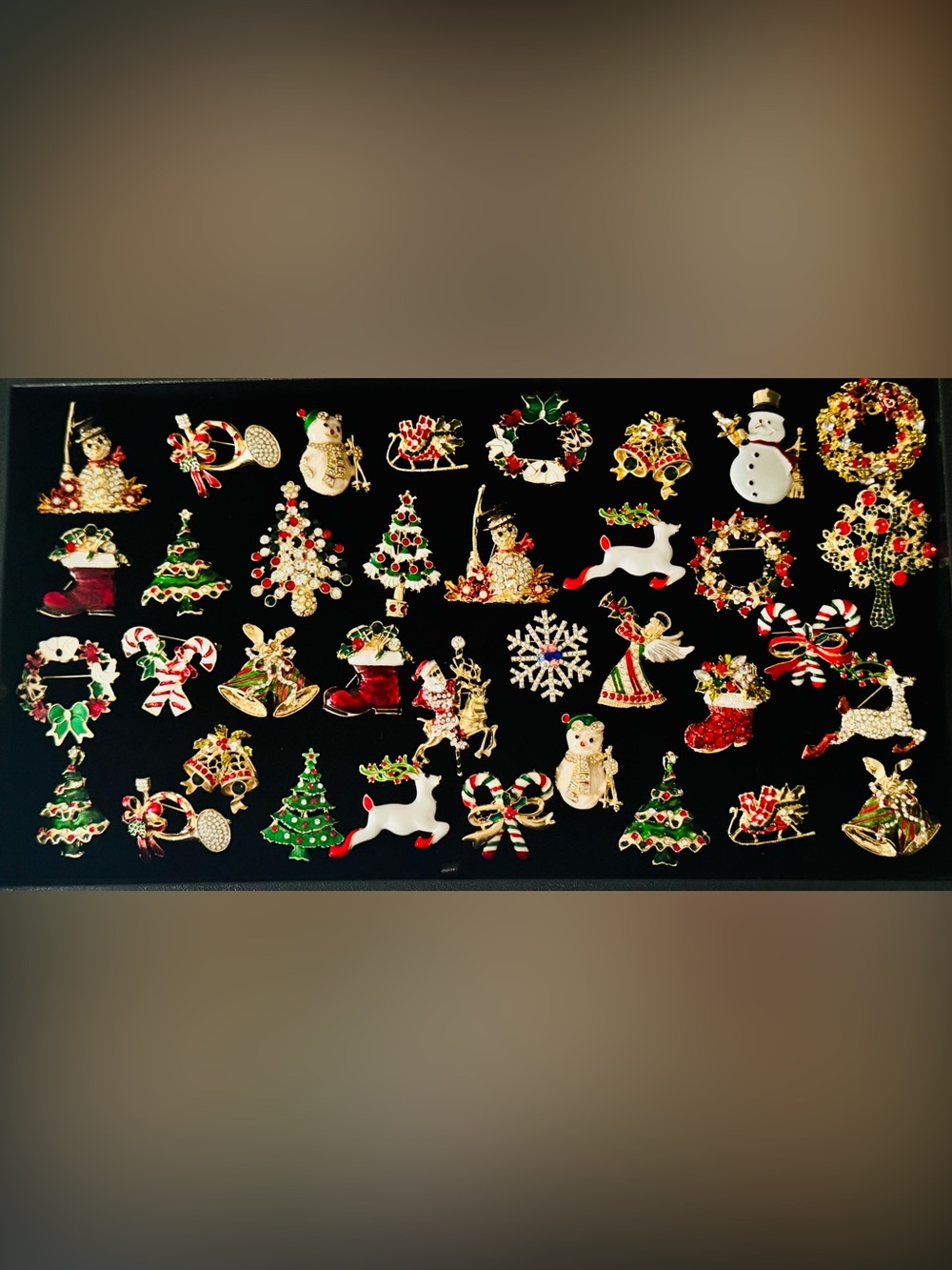 36 Christmas Holiday Brooch Pin Gold Tone Lot - Red, Green, White